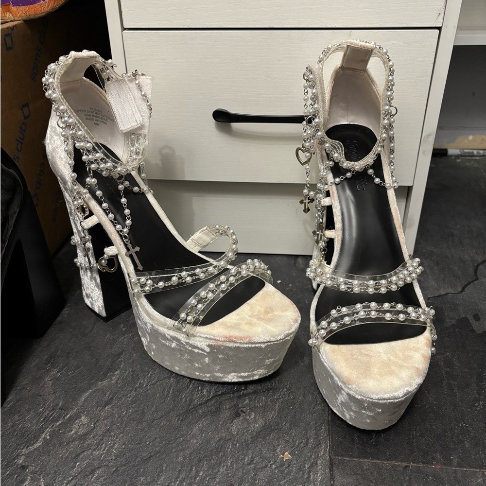 Dolls Kill Pearl-Studded Cream Platform Heels